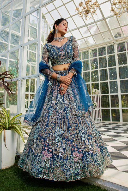 Navy blue Embroidered Net Designer Long Lehenga Choli