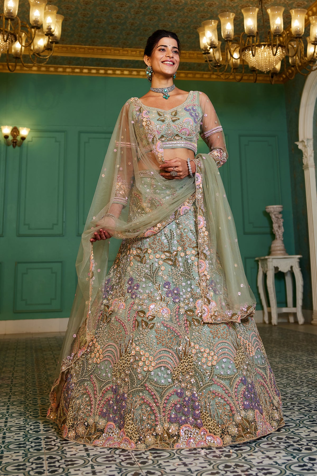 Lime Green Embroidered Net Lehenga Choli For Reception Wear