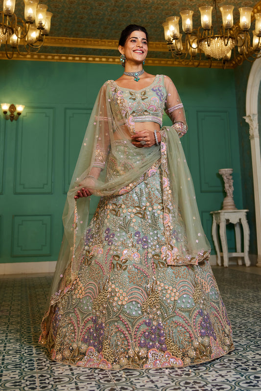 Lime Green Embroidered Net Lehenga Choli For Reception Wear