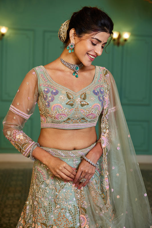 Lime Green Embroidered Net Lehenga Choli For Reception Wear
