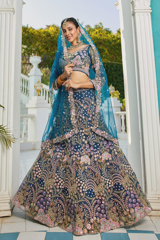 Navy blue Embroidered Net Lehenga Choli For Reception Wear