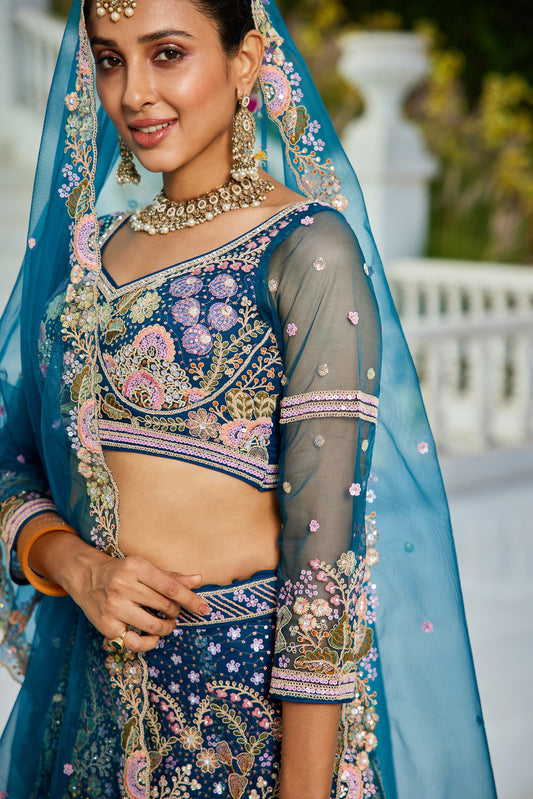 Navy blue Embroidered Net Lehenga Choli For Reception Wear