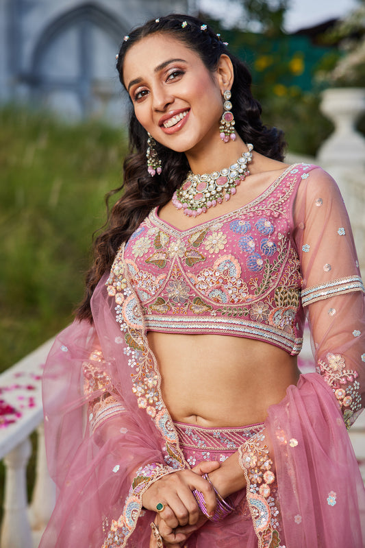 Pink Embroidered Net Lehenga Choli For Reception Wear