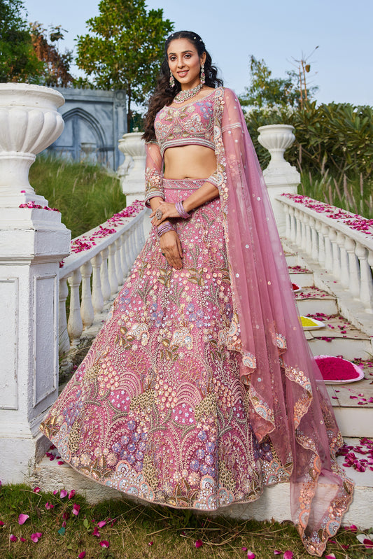 Pink Embroidered Net Lehenga Choli For Reception Wear