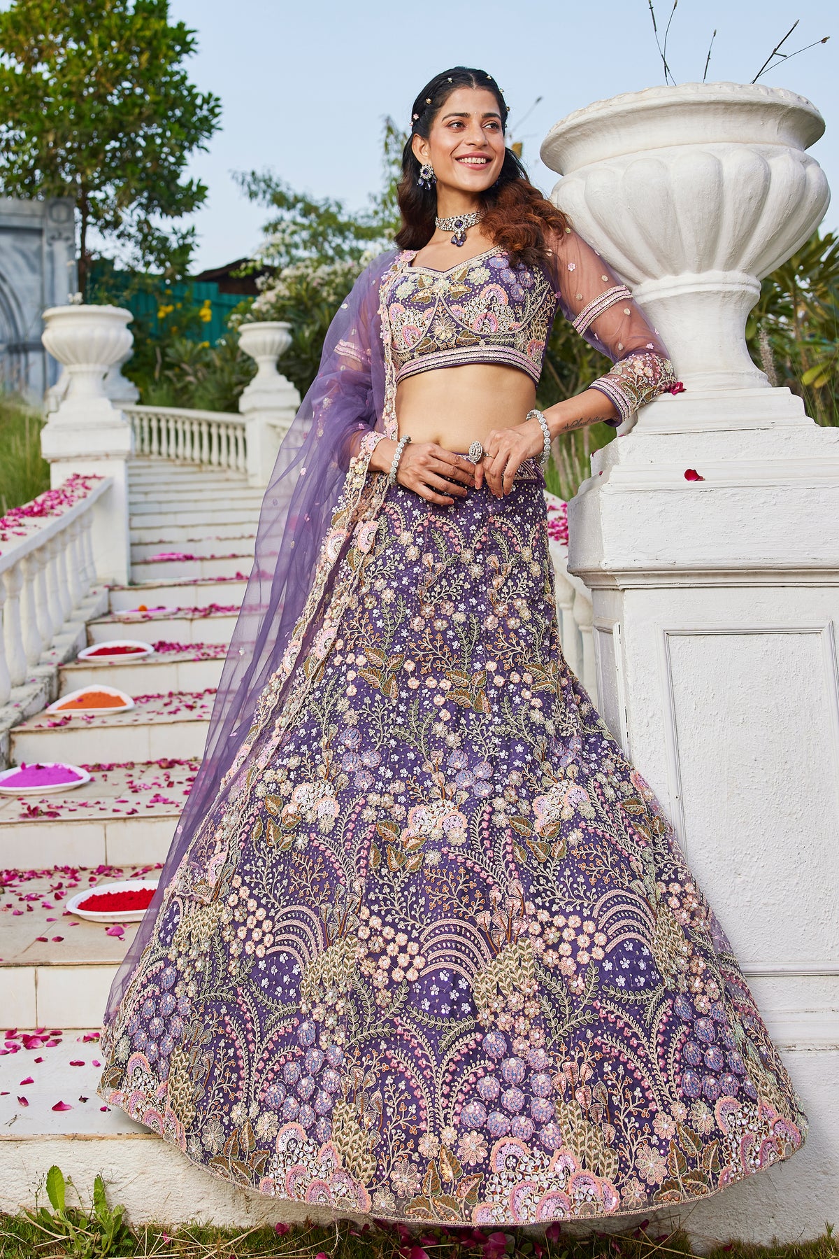 Purple Embroidered Net Lehenga Choli For Reception Wear