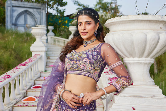 Purple Embroidered Net Lehenga Choli For Reception Wear