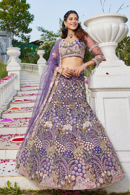 Purple Embroidered Net Lehenga Choli For Reception Wear