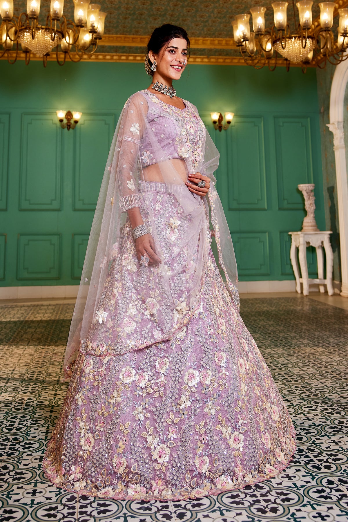 Mauve Embroidered Net Wedding Wear Lehenga Choli