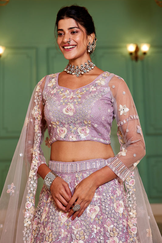 Mauve Embroidered Net Wedding Wear Lehenga Choli