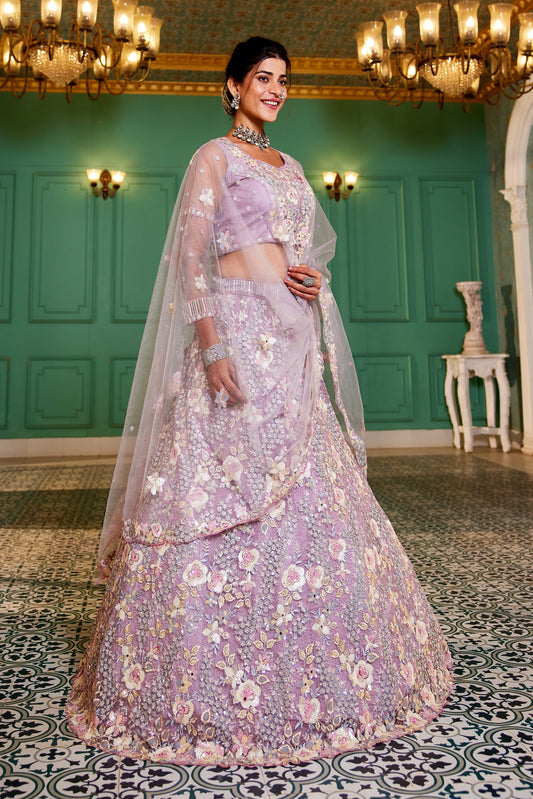 Mauve Embroidered Net Wedding Wear Lehenga Choli