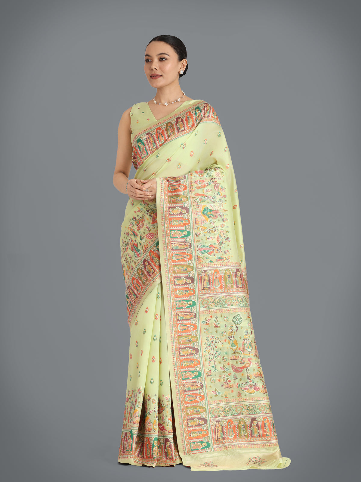 Pista Green Pashmina silk Digital Print Traditional Saree