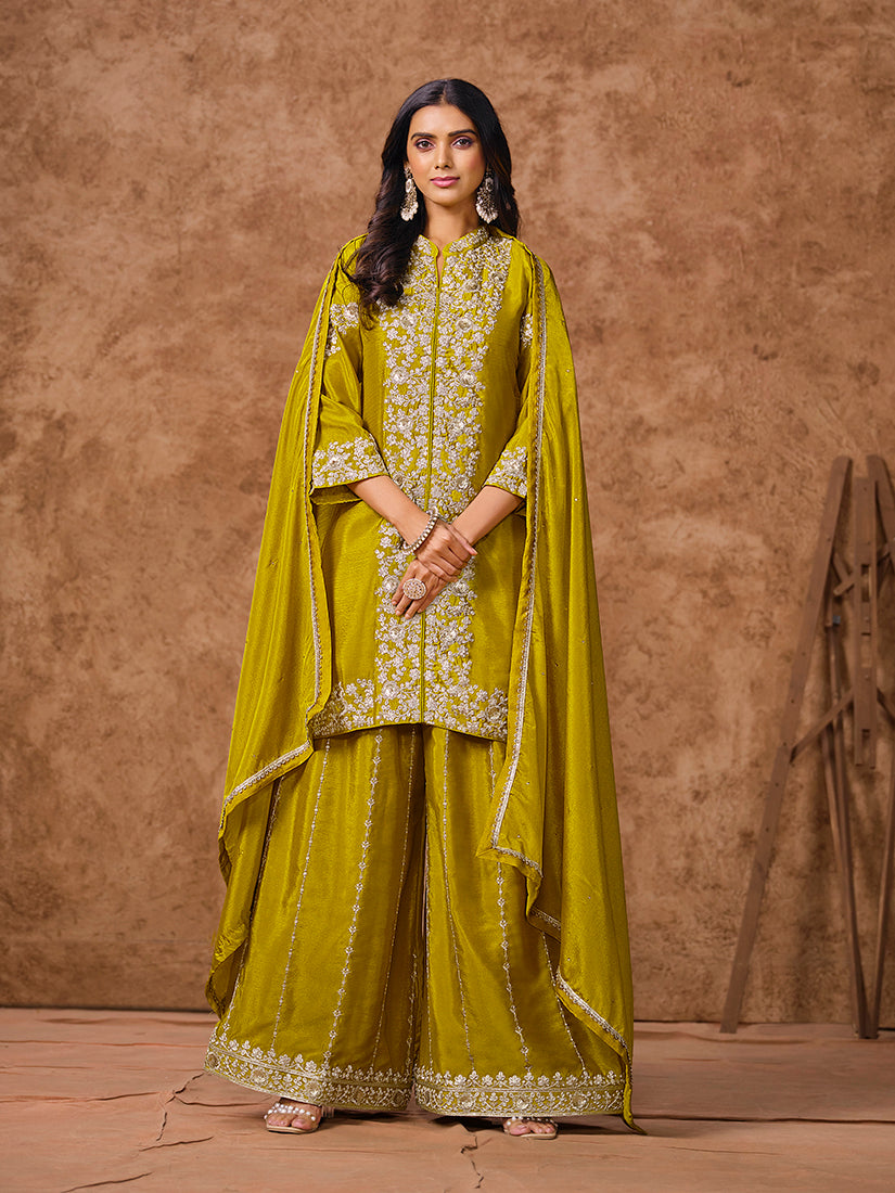 Pear Chinon Embroidered Short Kurta Palazzo Set