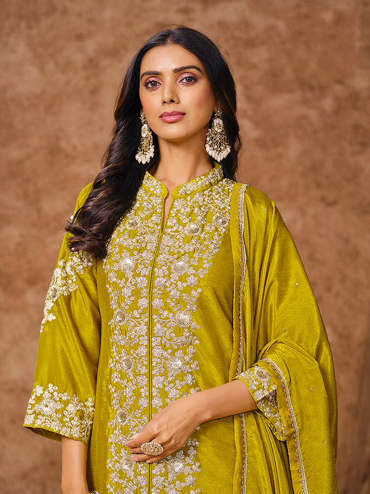 Pear Chinon Embroidered Short Kurta Palazzo Set