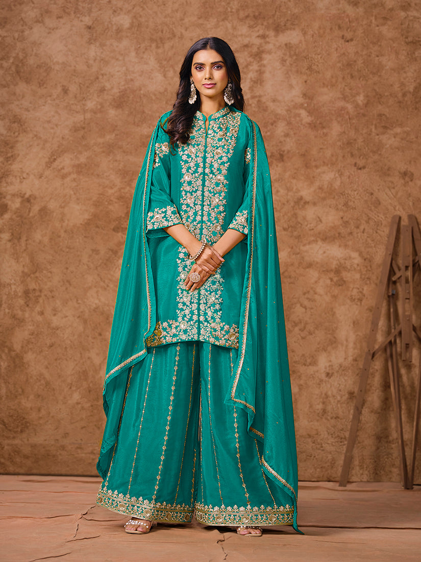 Turquoise Chinon Embroidered Short Kurta Palazzo Set