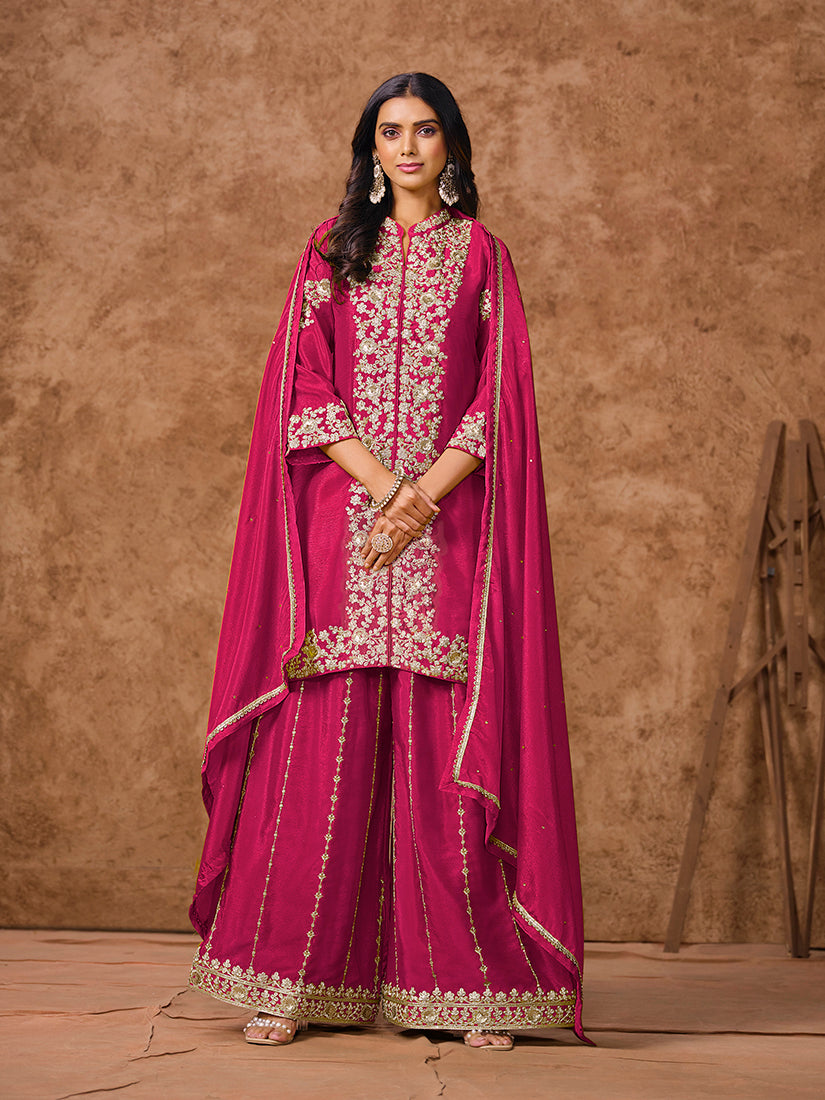 Rani Pink Chinon Embroidered Short Kurta Palazzo Set