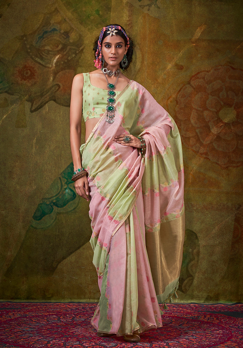 Light Green Pure Spun Rangkat Saree with Multicolour Stripes