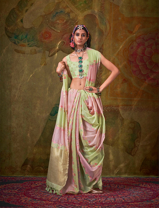 Light Green Pure Spun Rangkat Saree with Multicolour Stripes