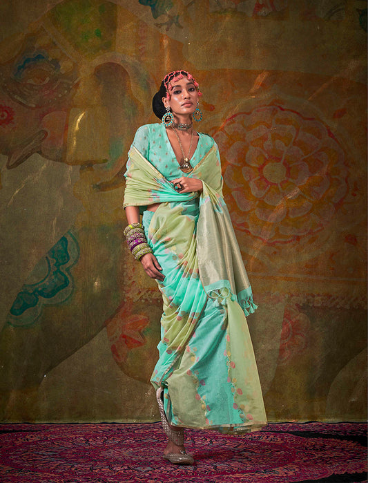 Turquoise Pure Spun Rangkat Saree with Multicolour Stripes
