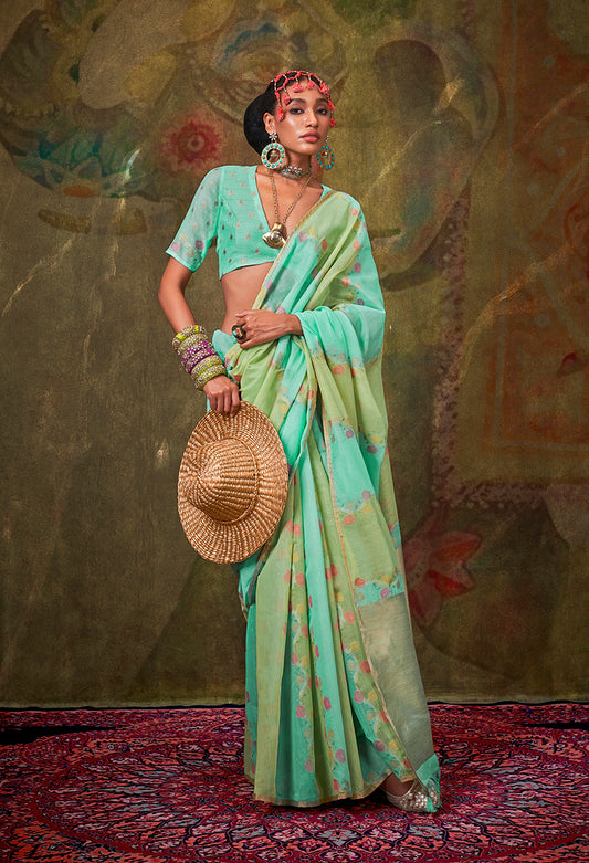 Turquoise Pure Spun Rangkat Saree with Multicolour Stripes