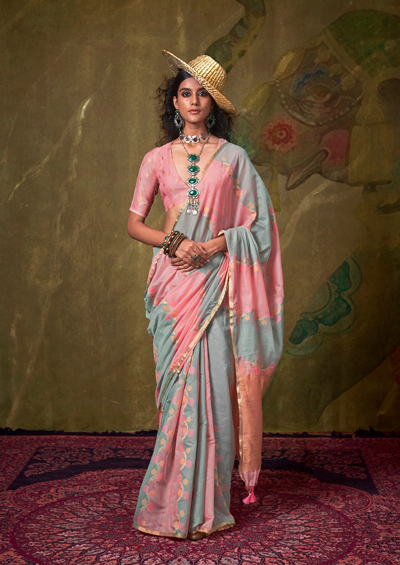 Gray & Pink Pure Spun Rangkat Saree with Multicolour Stripes