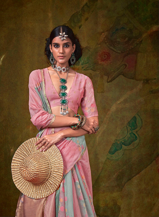 Gray & Pink Pure Spun Rangkat Saree with Multicolour Stripes