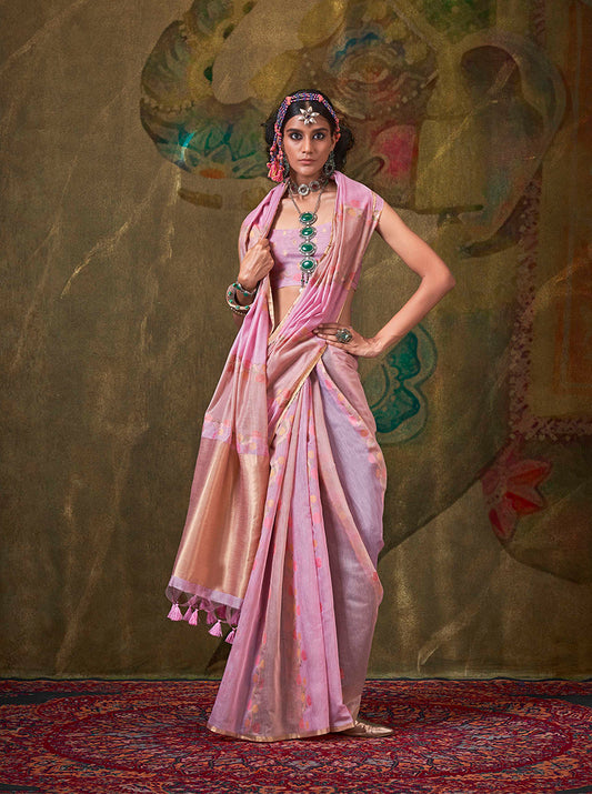 Pink Pure Spun Rangkat Saree with Multicolour Stripes