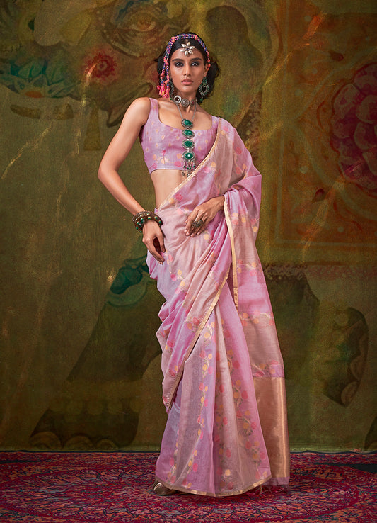 Pink Pure Spun Rangkat Saree with Multicolour Stripes