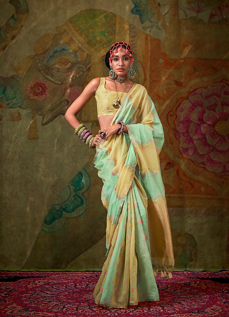 Lime Yellow Spun Rangkat Saree with Multicolour Stripes