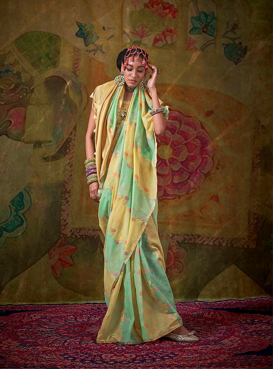 Lime Yellow Spun Rangkat Saree with Multicolour Stripes