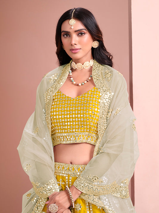 Yellow Art Silk Heavy Embroidered Work Reception Lehenga Choli