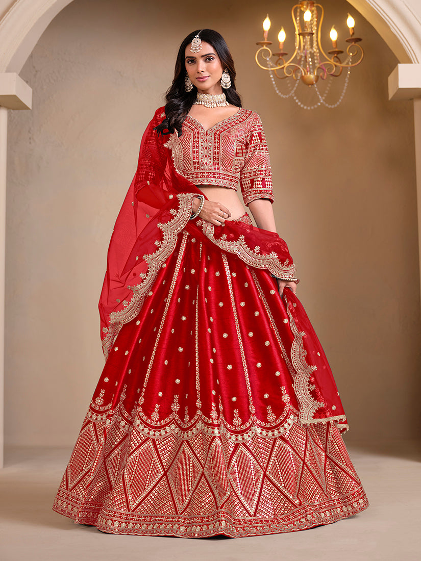 Red Art Silk Embroidered Wedding Wear Lehenga Choli