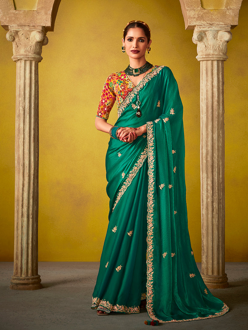 Emerald Green Tissue Silk Embroidered Party Wear Saree With Floral Embroidered Blouse