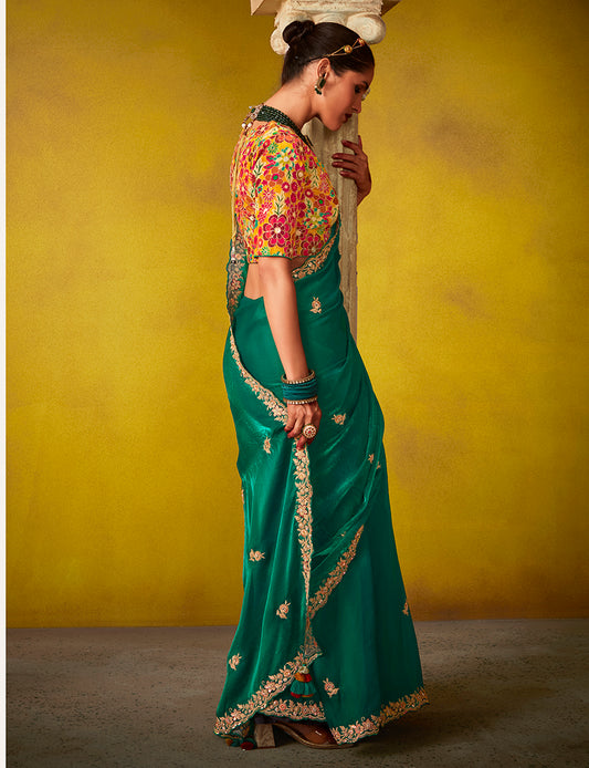 Emerald Green Tissue Silk Embroidered Party Wear Saree With Floral Embroidered Blouse