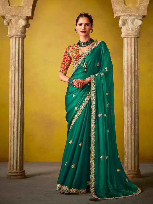 Emerald Green Tissue Silk Embroidered Party Wear Saree With Floral Embroidered Blouse