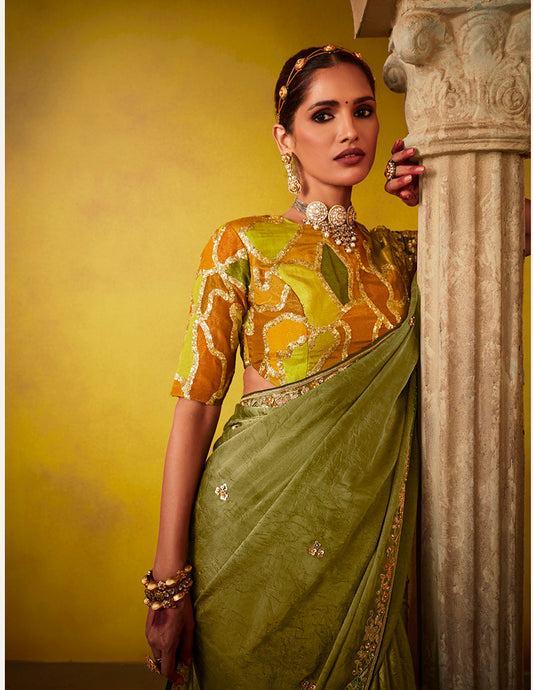 Olive Tissue Silk Embroidered Party Wear Saree With Embroidered Blouse