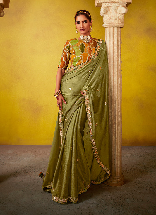 Olive Tissue Silk Embroidered Party Wear Saree With Embroidered Blouse