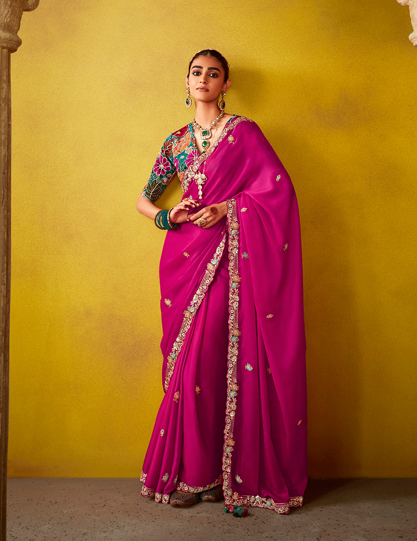 Bright Pink Tissue Silk Embroidered Party Wear Saree With Embroidered Blouse