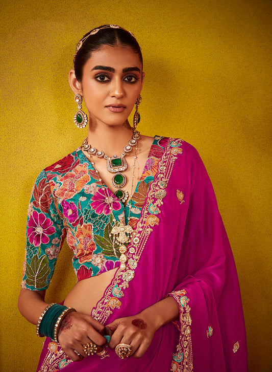 Bright Pink Tissue Silk Embroidered Party Wear Saree With Embroidered Blouse