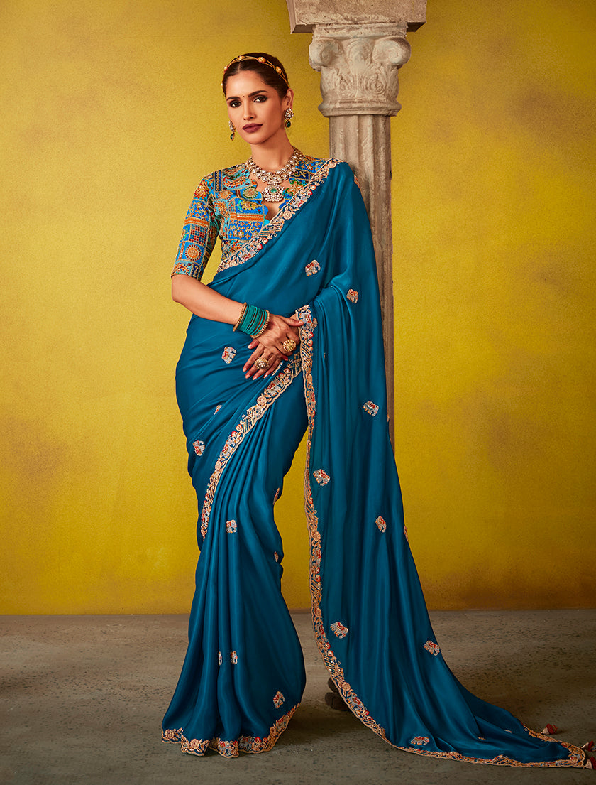 Teal Blue Tissue Silk Embroidered Party Wear Saree With Embroidered Blouse