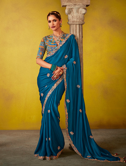 Teal Blue Tissue Silk Embroidered Party Wear Saree With Embroidered Blouse