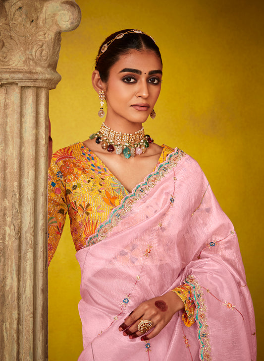 Pink Tissue Silk Embroidered Party Wear Saree With Embroidered Blouse