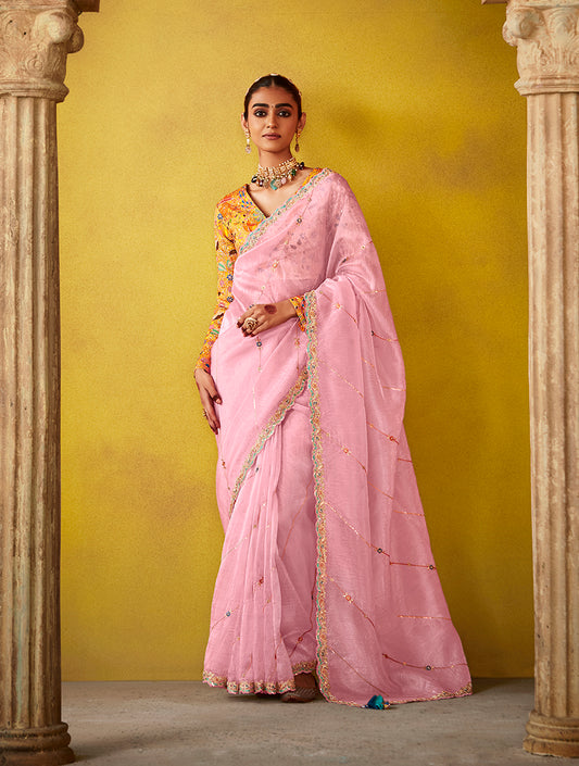 Pink Tissue Silk Embroidered Party Wear Saree With Embroidered Blouse