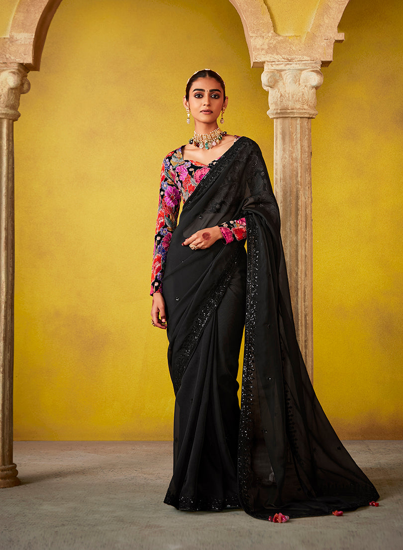 Black Tissue Silk Embroidered Party Wear Saree With Embroidered Blouse
