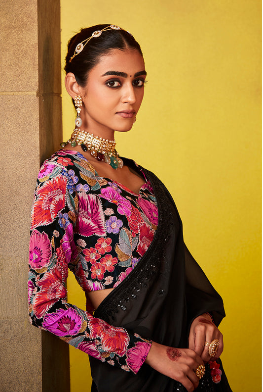 Black Tissue Silk Embroidered Party Wear Saree With Embroidered Blouse