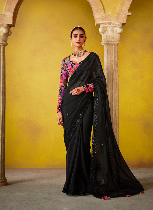 Black Tissue Silk Embroidered Party Wear Saree With Embroidered Blouse