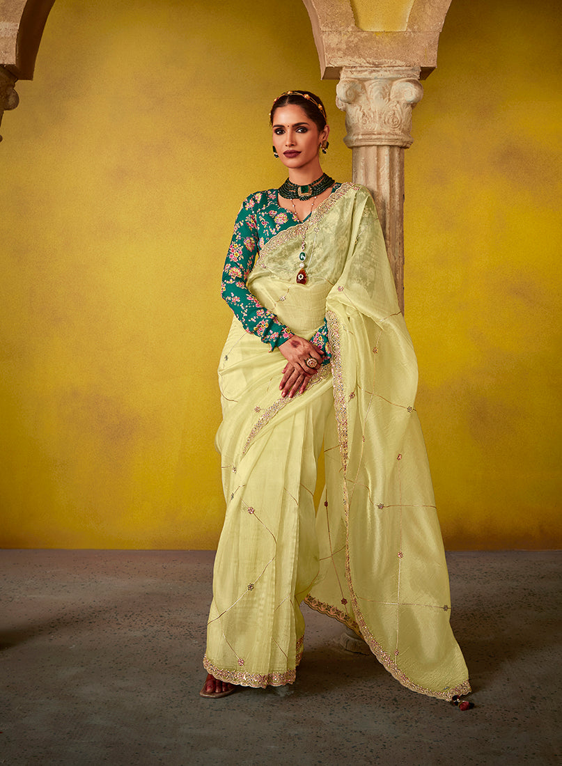 Light Yellow Tissue Silk Embroidered Party Wear Saree With Embroidered Blouse