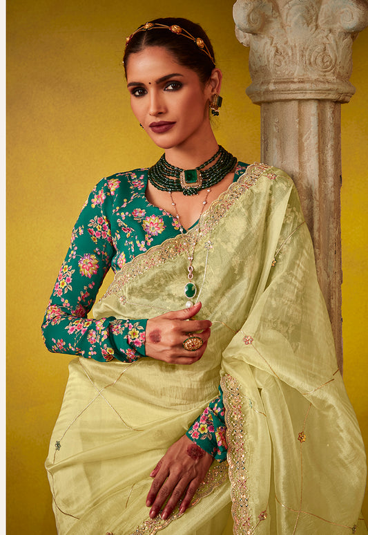 Light Yellow Tissue Silk Embroidered Party Wear Saree With Embroidered Blouse