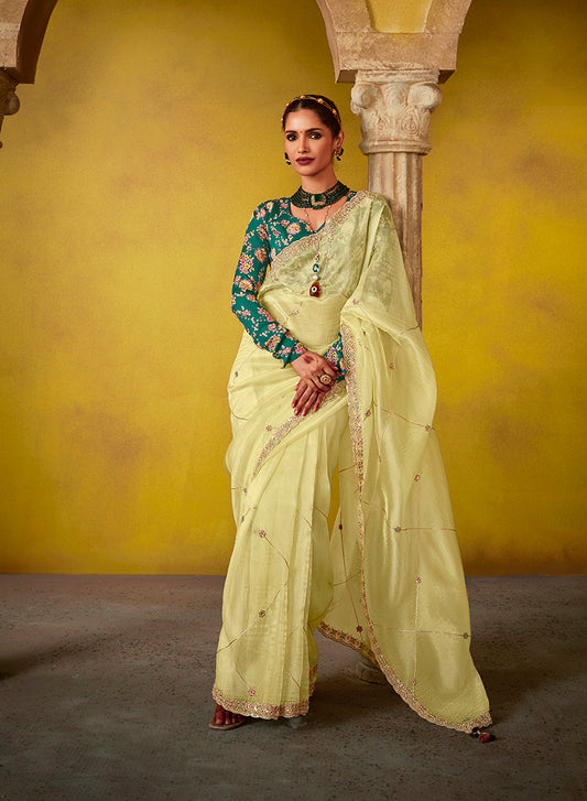 Light Yellow Tissue Silk Embroidered Party Wear Saree With Embroidered Blouse