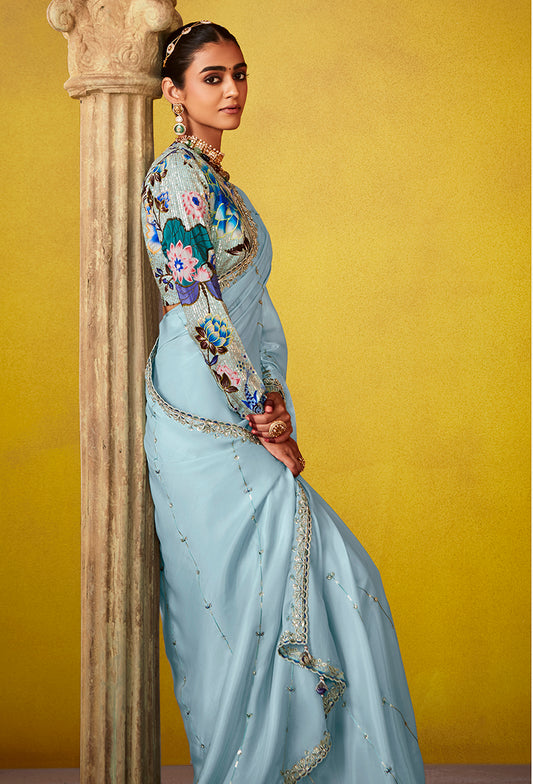 Sky Blue Tissue Silk Embroidered Party Wear Saree With Embroidered Blouse