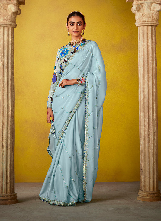 Sky Blue Tissue Silk Embroidered Party Wear Saree With Embroidered Blouse